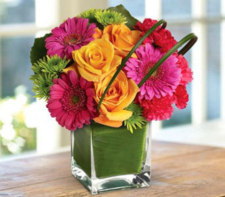 Bright celebration arrangement with mixed seasonal blooms